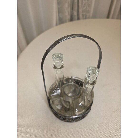 Vintage Ornate Silver Plate Glass Cruet Set With Decorative Handle & Fruit Motif - Picture 14 of 15